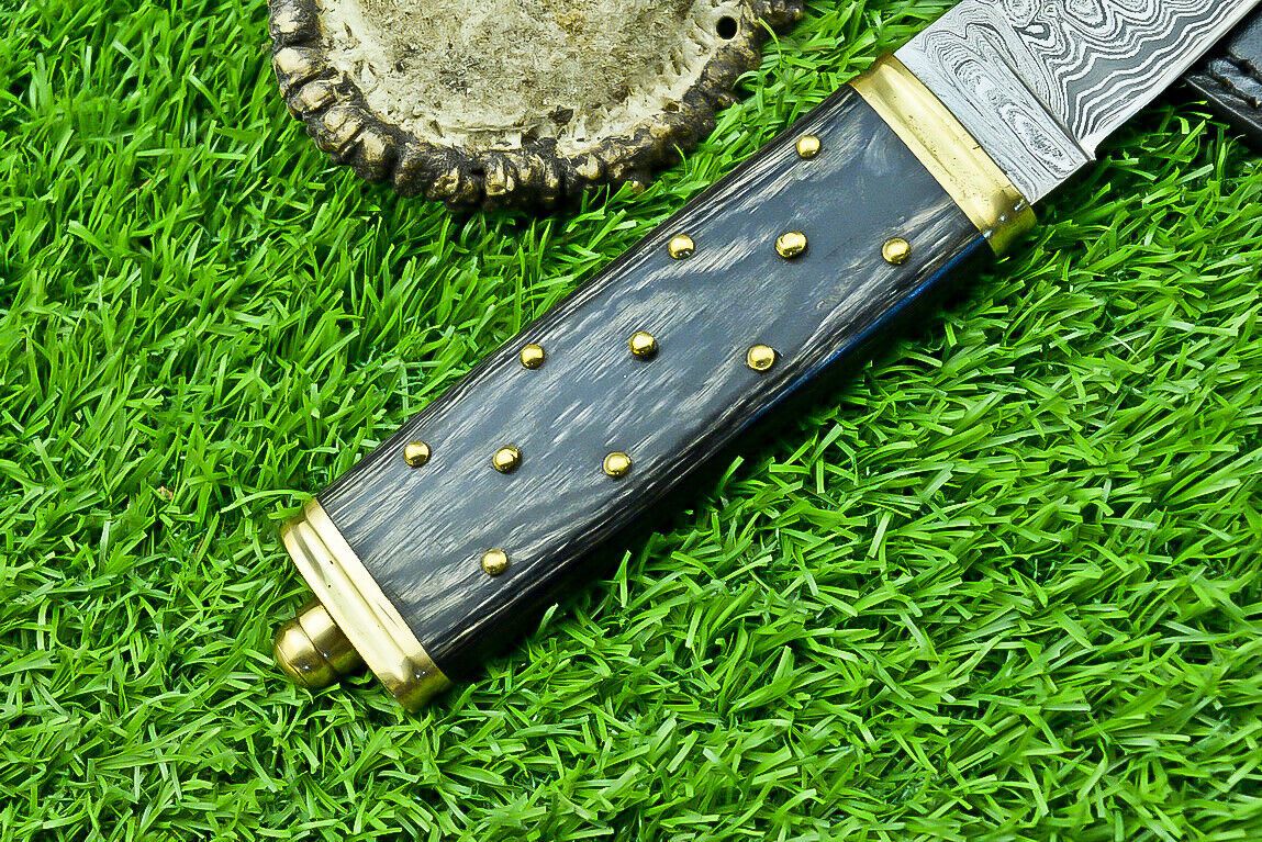 Heritage Forge 9 Inch Custom Damascus Steel Bowie Knife with Wood Handle and Brass Bolster