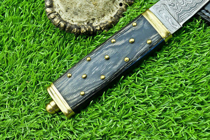 Heritage Forge 9 Inch Custom Damascus Steel Bowie Knife with Wood Handle and Brass Bolster