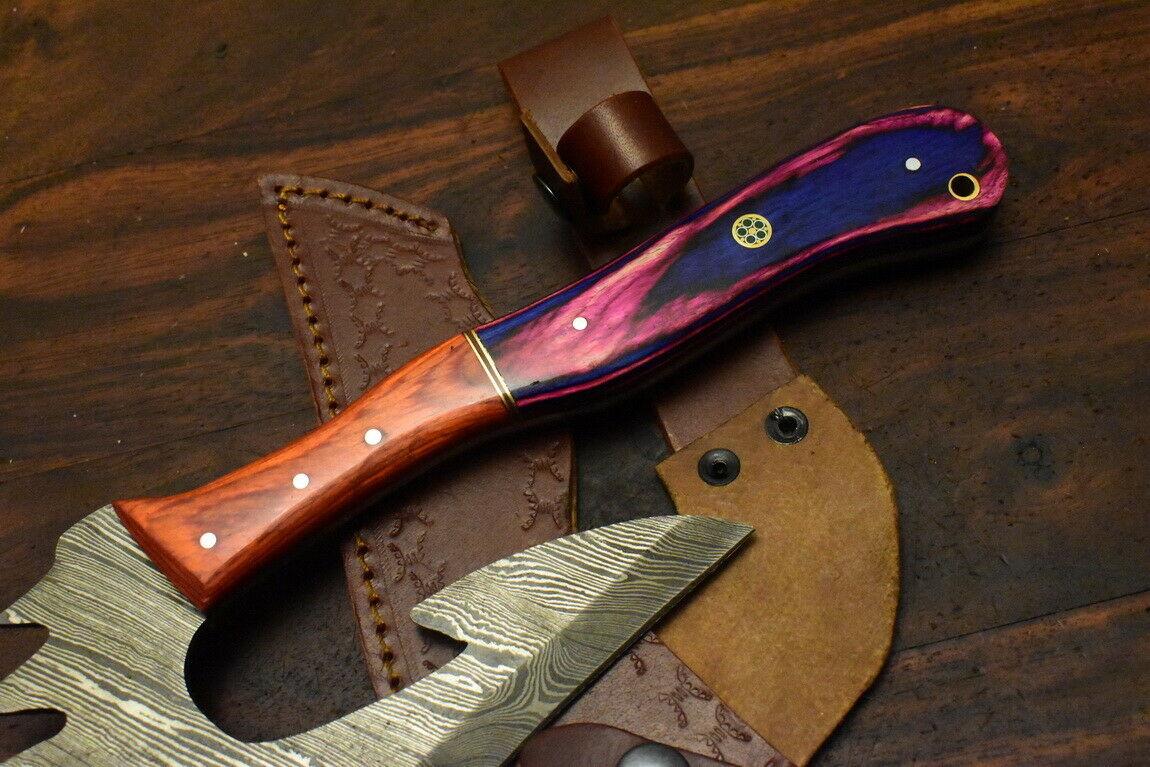 Hand Made Damascus Steel Hard Wood Hunting Clever Chopper Axe Knife with Leather Sheath