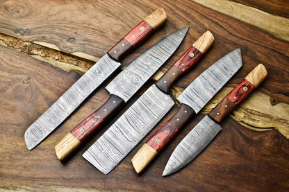 5-Piece Handmade Damascus Steel Chef Knife Set – Professional Kitchen Cutlery