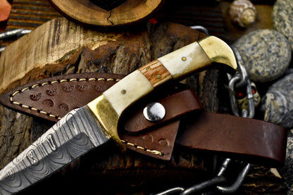 Custom Hand Forged Skinner Knife Twist Damascus Bone and Wood