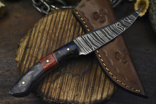 Twist Pattern Damascus Skinner Knife with Hard Wood Handle – Custom Handmade Hunting & Camping Knife