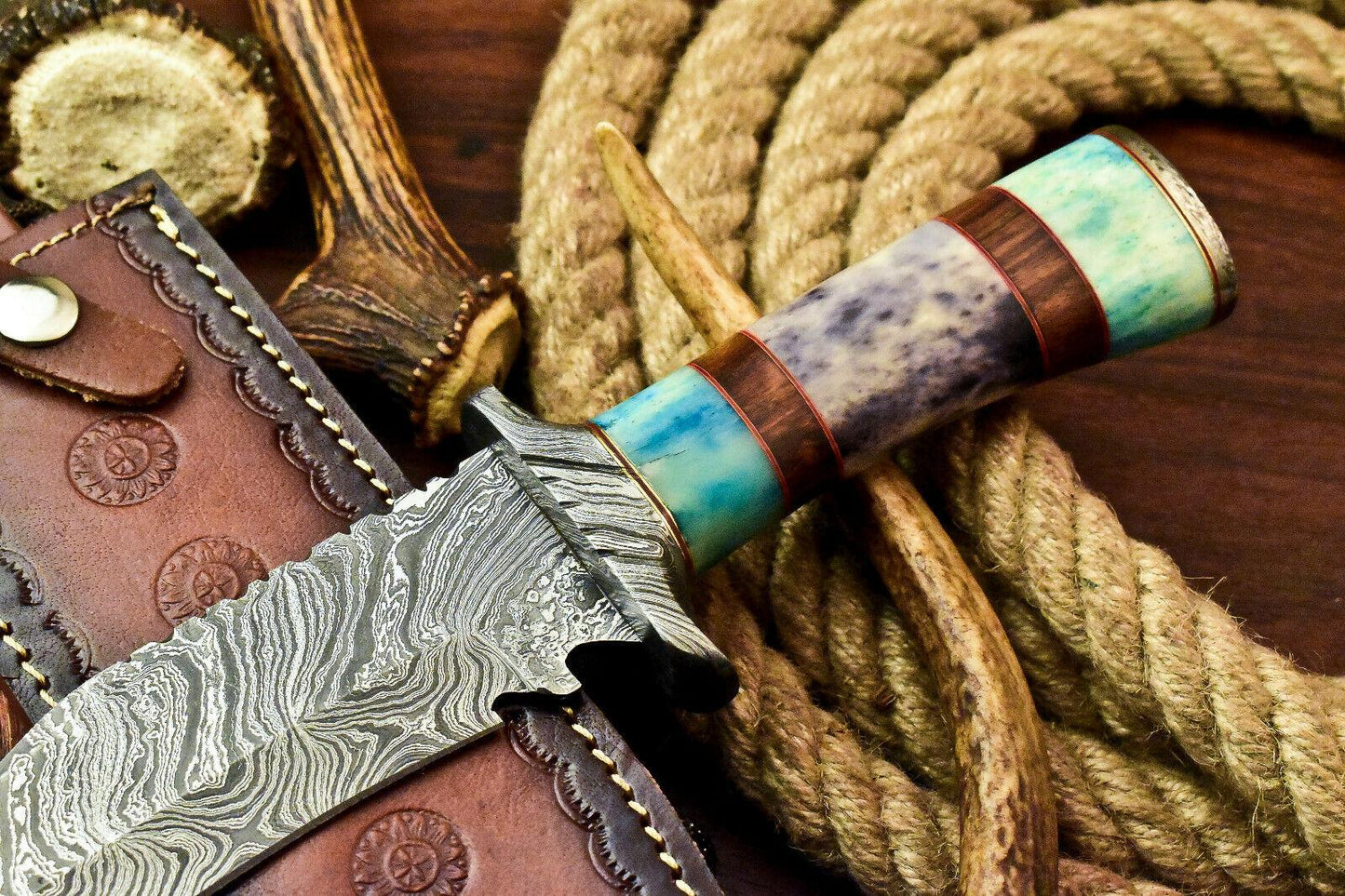 Handmade Damascus Steel Bowie Knife | Camel Bone Handle 15"