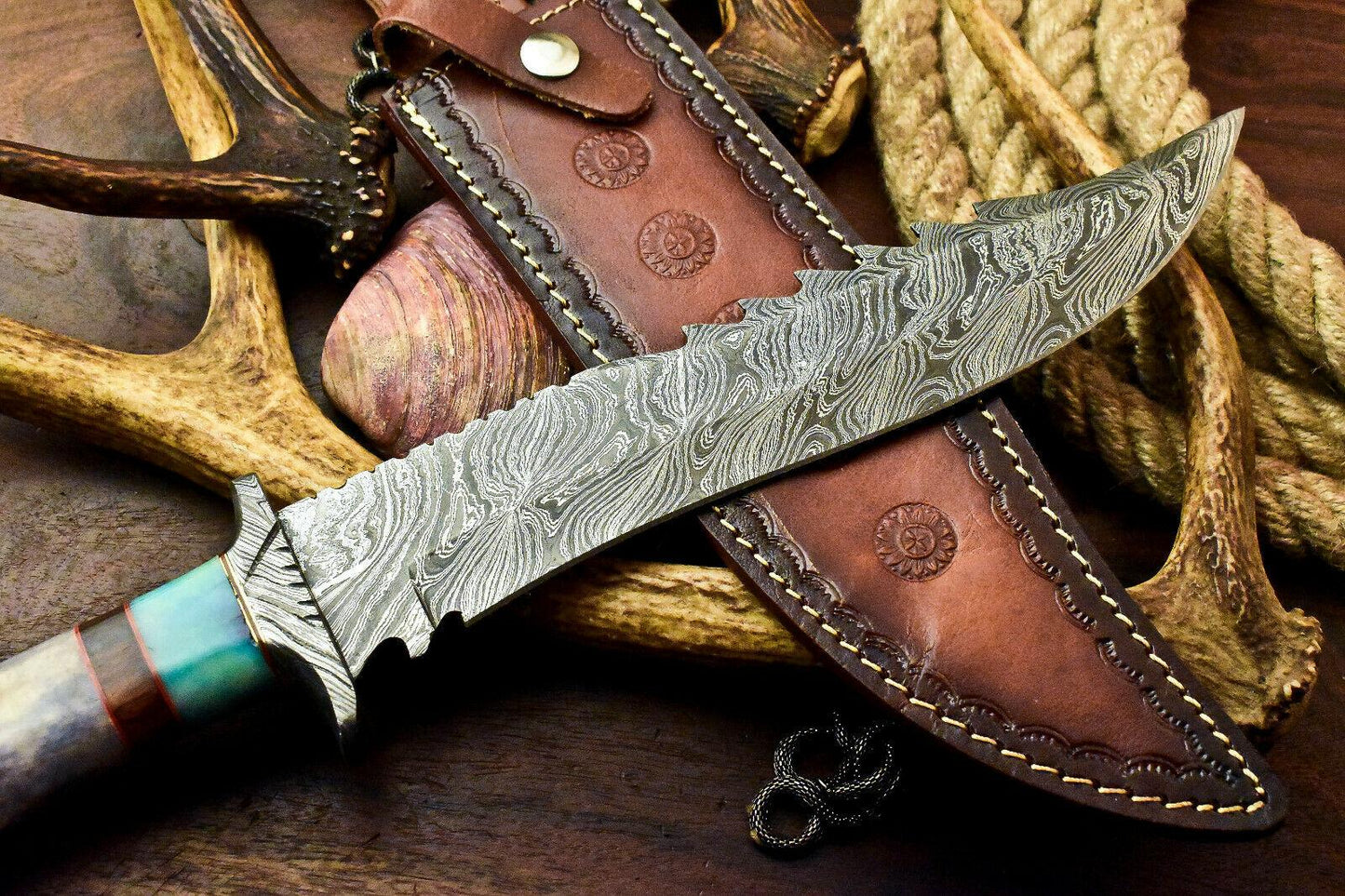 Handmade Damascus Steel Bowie Knife | Camel Bone Handle 15"