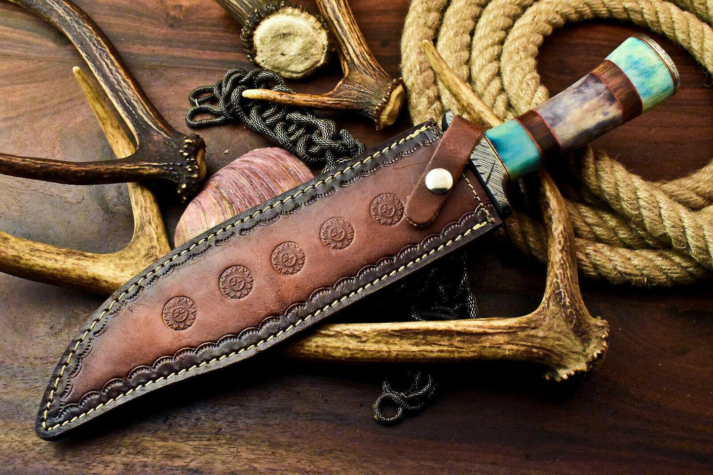 Handmade Damascus Steel Bowie Knife | Camel Bone Handle 15"