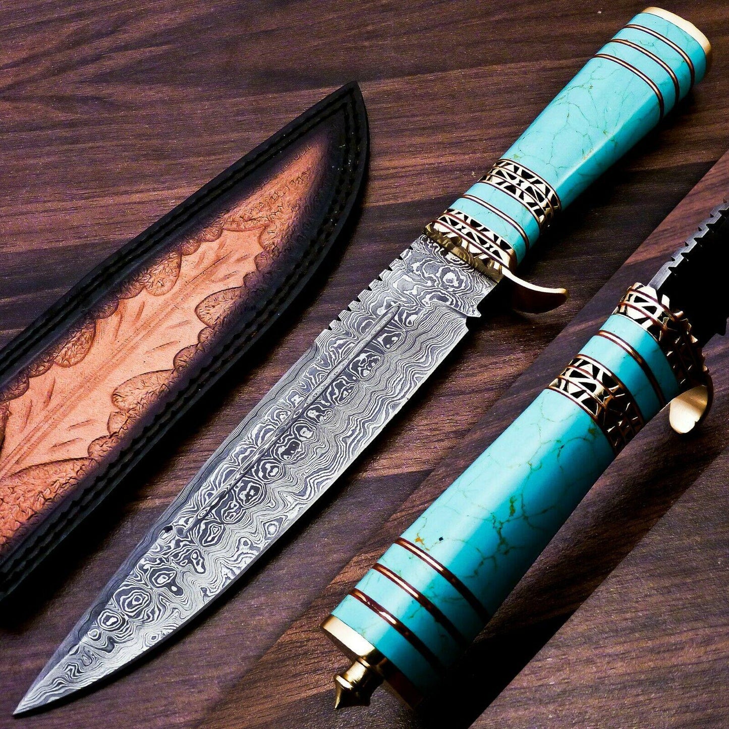Damascus Steel Hunting Bowie Knife | Turquoise Gemstone & Brass Handle