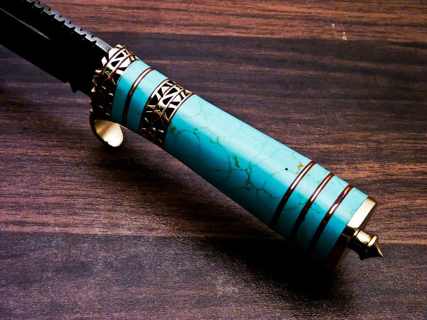 Damascus Steel Hunting Bowie Knife | Turquoise Gemstone & Brass Handle