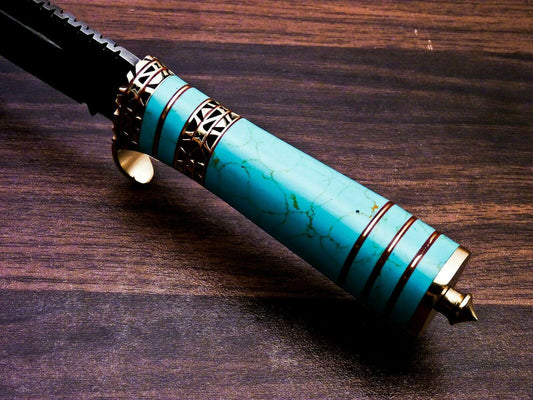 Damascus Steel Hunting Bowie Knife | Turquoise Gemstone & Brass Handle