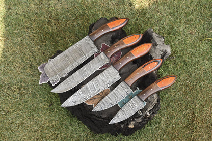 Forged Chef Knife Set Twist Damascus Steel with Hard Wood Handles – Lot of 5 Everyday Carry Knives