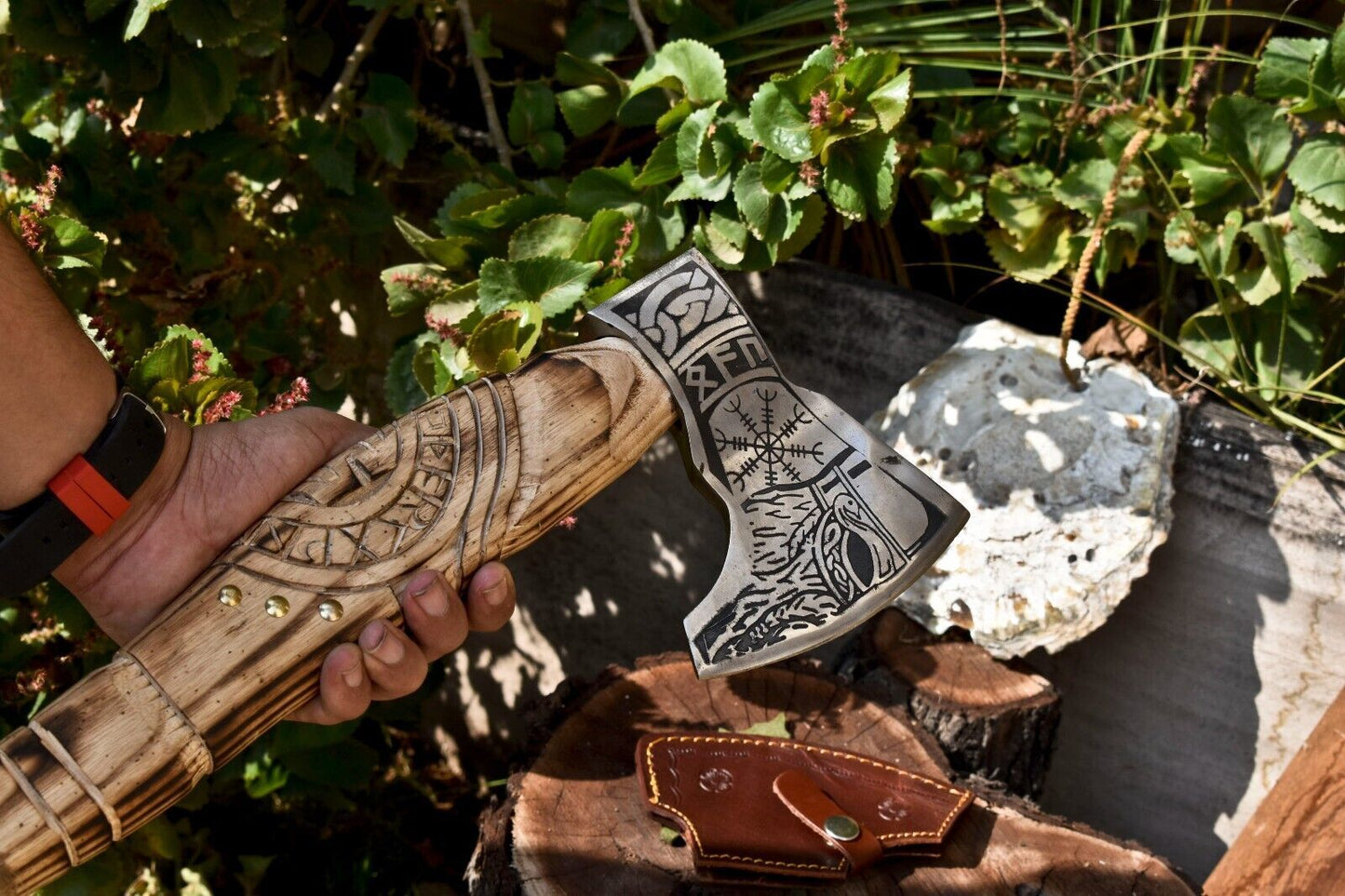 Handmade High Carbon Steel Viking Axe | Etched Blade with Walnut Wood Handle