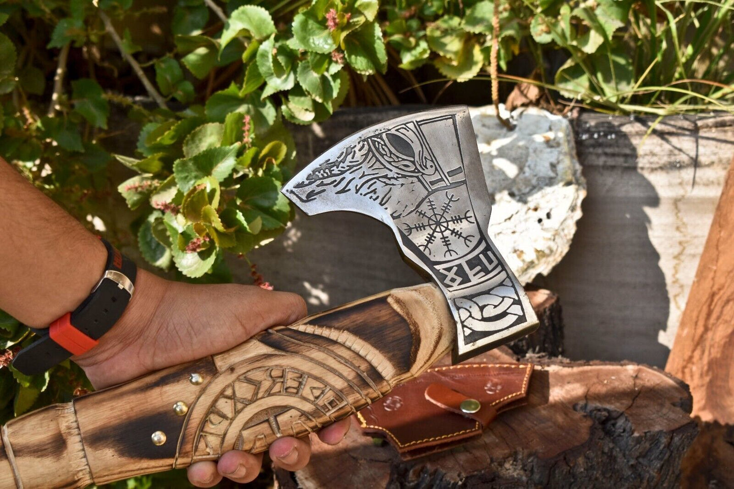 Handmade High Carbon Steel Viking Axe | Etched Blade with Walnut Wood Handle