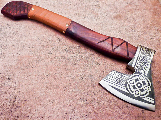 Hand Forged Viking Bearded Axe Carbon Steel Hatchet with Natural Wood Handle and Leather Sheath 19"