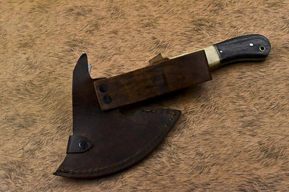 Custom Handmade Damascus Steel Axe Camel Bone Hunting Clever Chopper Knife with Leather Sheath