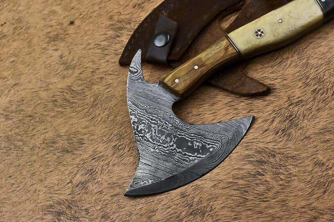 Custom Handmade Damascus Steel Axe Camel Bone Hunting Clever Chopper Knife with Leather Sheath