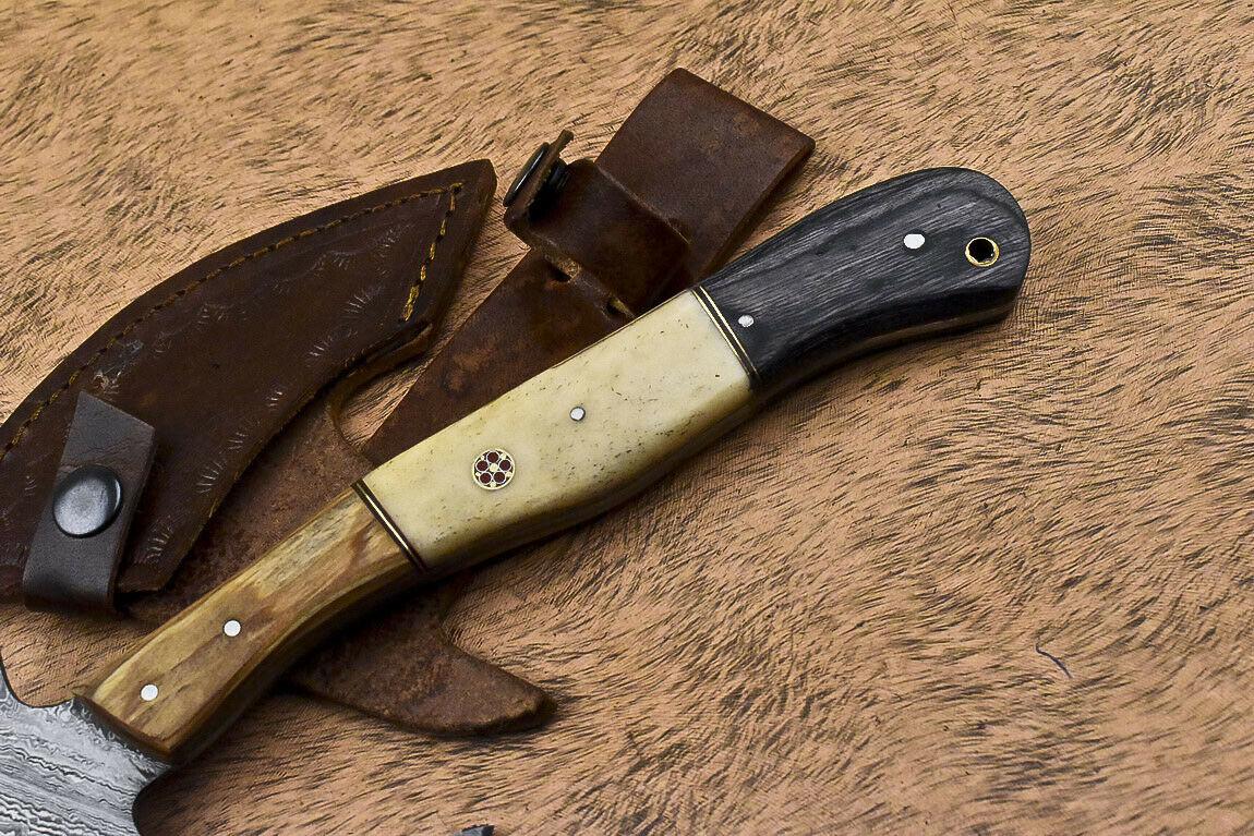 Custom Handmade Damascus Steel Axe Camel Bone Hunting Clever Chopper Knife with Leather Sheath