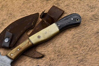 Custom Handmade Damascus Steel Axe Camel Bone Hunting Clever Chopper Knife with Leather Sheath