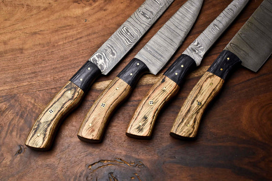 Custom Lot of 4 Handmade Hammered Damascus Steel Blade Chef Knife Set – 100% Handmade, Full Tang