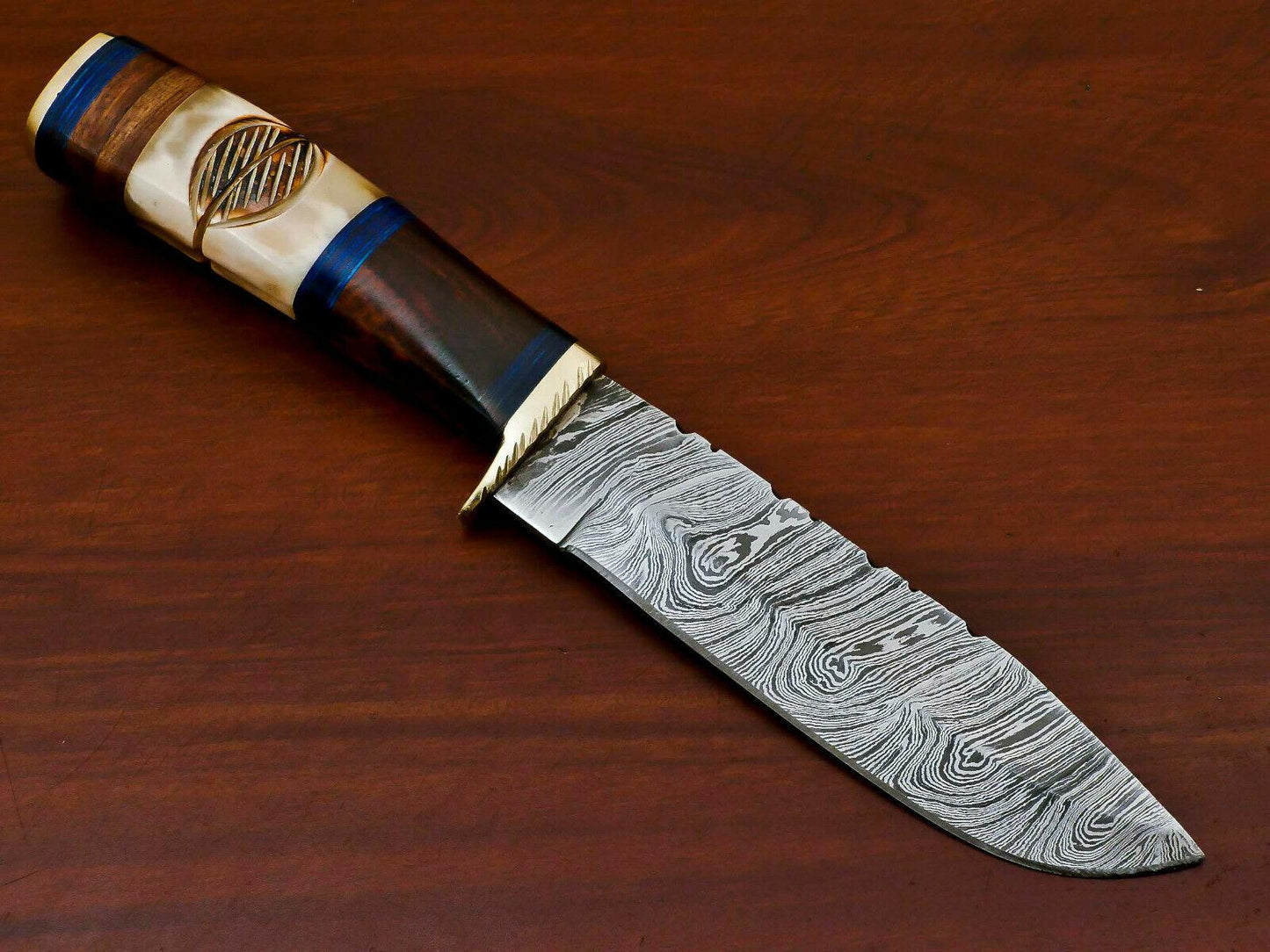 10" Hand Forged Damascus Bowie Hunting Knife – Engraved Camel Bone & Rose Wood