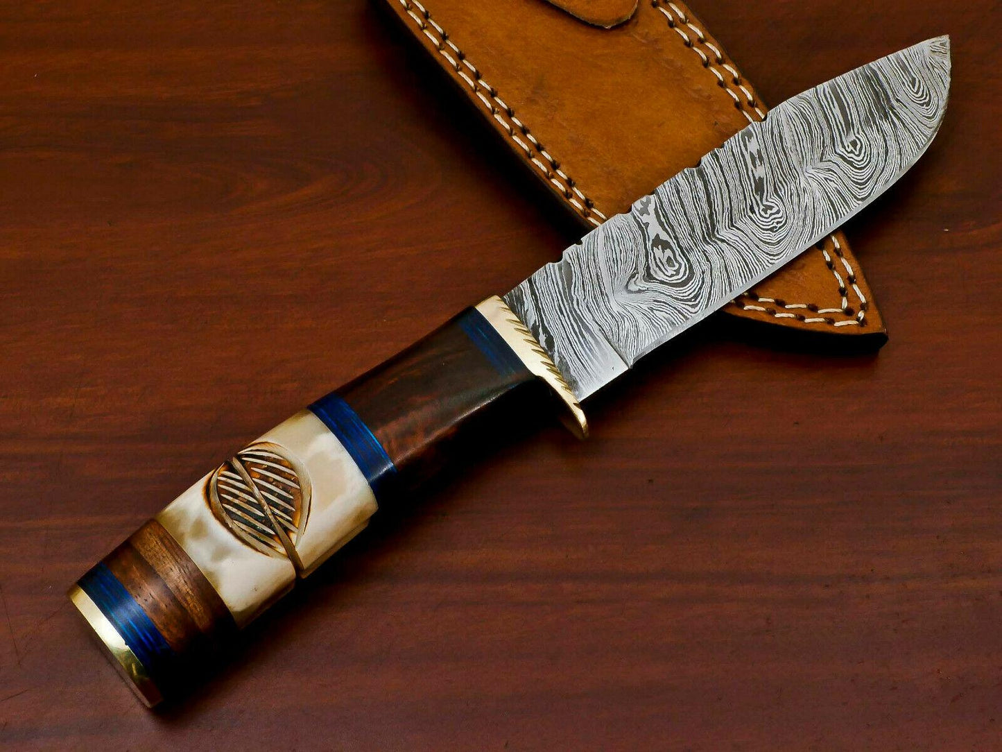 10" Hand Forged Damascus Bowie Hunting Knife – Engraved Camel Bone & Rose Wood