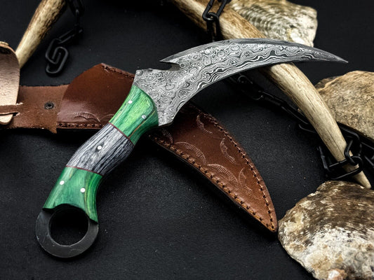Handmade 8" Damascus Karambit Knife Damascus Steel Knife with Wood Handle