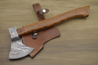 Custom Handmade Damascus Axe with Rose Wood Handle | Premium Damascus Steel Axe with Leather Sheath