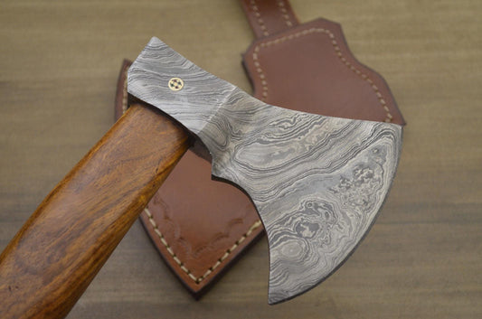 Custom Handmade Damascus Axe with Rose Wood Handle | Premium Damascus Steel Axe with Leather Sheath