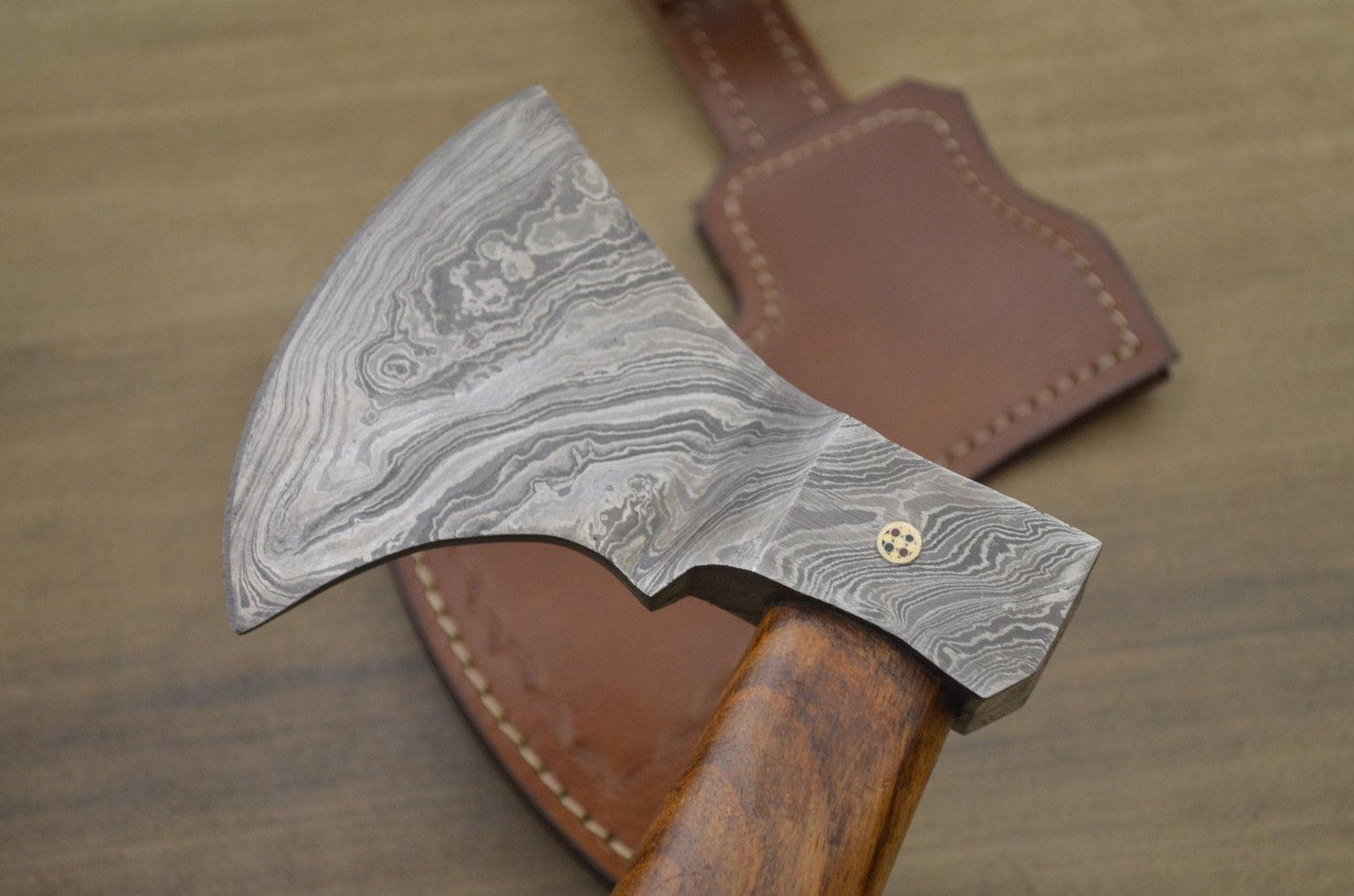 Custom Handmade Damascus Axe with Rose Wood Handle | Premium Damascus Steel Axe with Leather Sheath