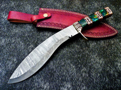 15" Damascus Steel Kukri Bowie Knife – Resin Handle & Leather Sheath