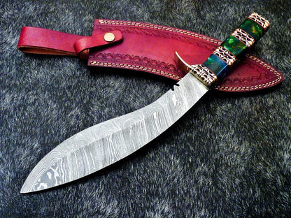 15" Damascus Steel Kukri Bowie Knife – Resin Handle & Leather Sheath