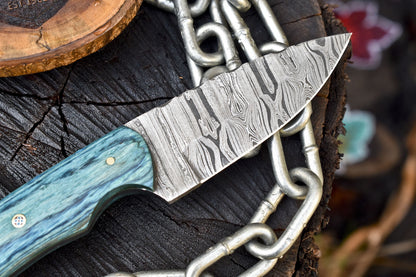 Custom Skinner Knife Twist Damascus Hard Wood Outdoor Rare w/ Leather Sheath