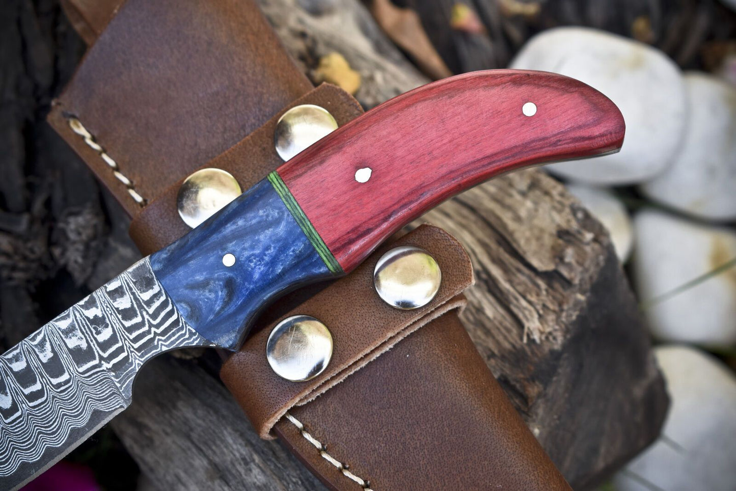Ladder Damascus Skinner Knife with Hardwood Handle – Custom Handmade Hunting Blade