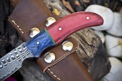 Ladder Damascus Skinner Knife with Hardwood Handle – Custom Handmade Hunting Blade