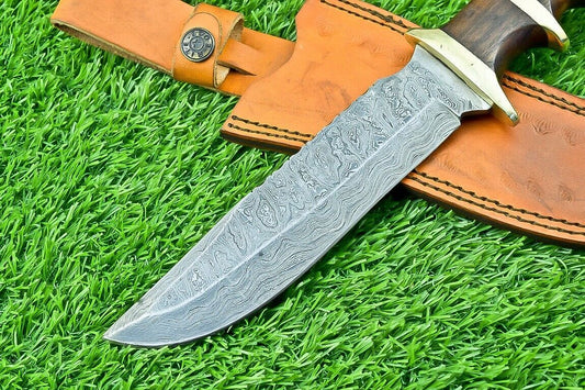Heritage Forge 11 Inch Damascus Steel Bowie Knife with Natural Wood Handle for Hunting and Camping