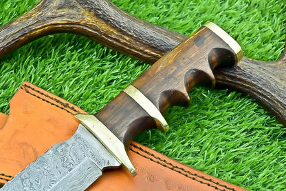 Heritage Forge 11 Inch Damascus Steel Bowie Knife with Natural Wood Handle for Hunting and Camping