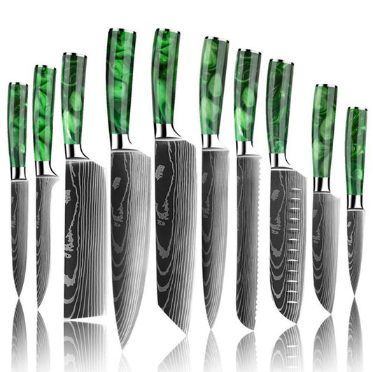Heritage Forge 6-Piece Japanese Chef Knife Set – Green Laser Damascus Pattern with ScabbardHeritage Forge 6-Piece Japanese Chef Knife Set – Green Laser Damascus Pattern with Scabbard