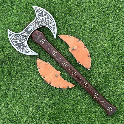 Handmade Double-Headed Viking Battle Axe – 27-Inch Carbon Steel Double Blade Axe