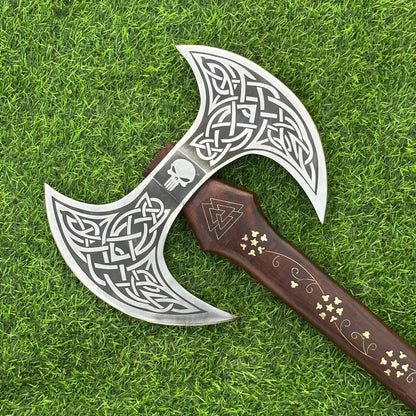 Handmade Double-Headed Viking Battle Axe – 27-Inch Carbon Steel Double Blade Axe
