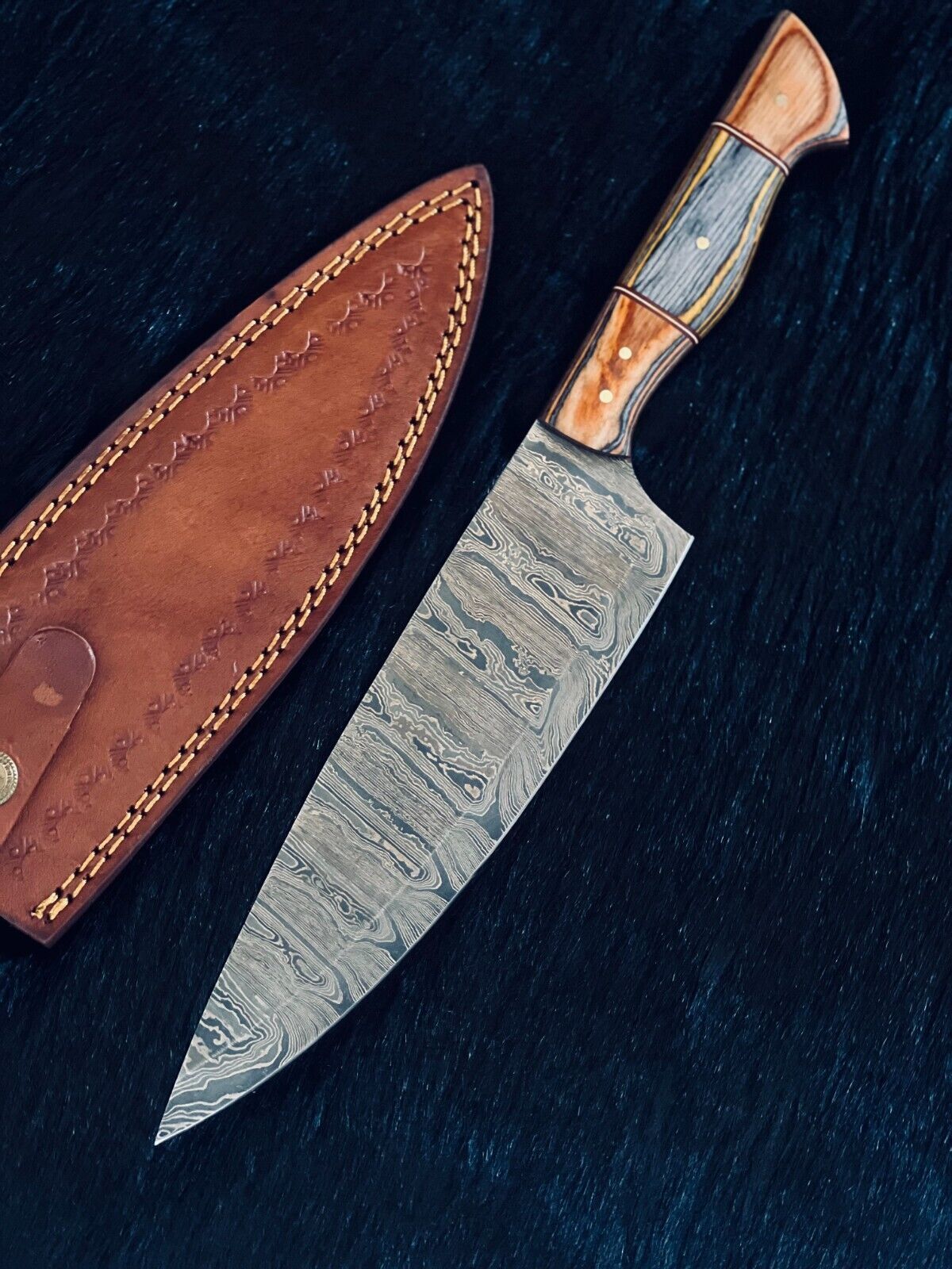 13" Custom Handmade Ladder Damascus Steel Santoku Chef Knife – Hand-Forged Blade
