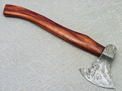 15 Inch Handmade Damascus Steel Axe with Natural Wood Handle and Leather Sheath