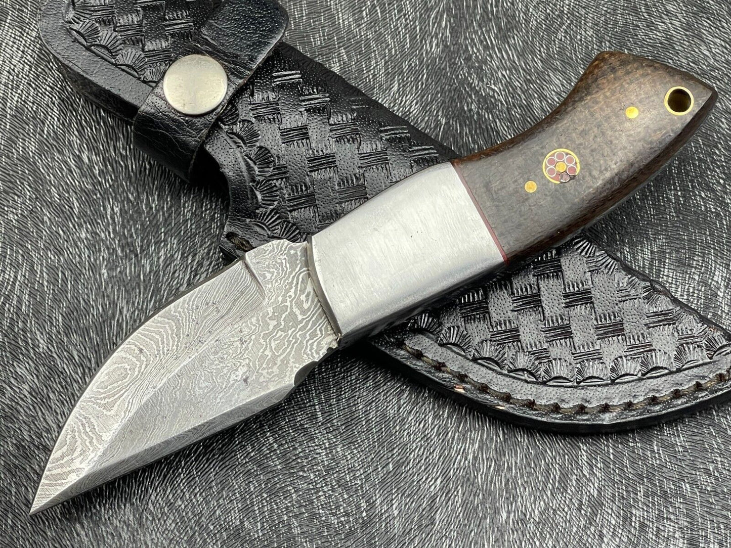Heritage Forge 8 Inch Damascus Steel Skinning Bowie Knife with Hardwood Handle