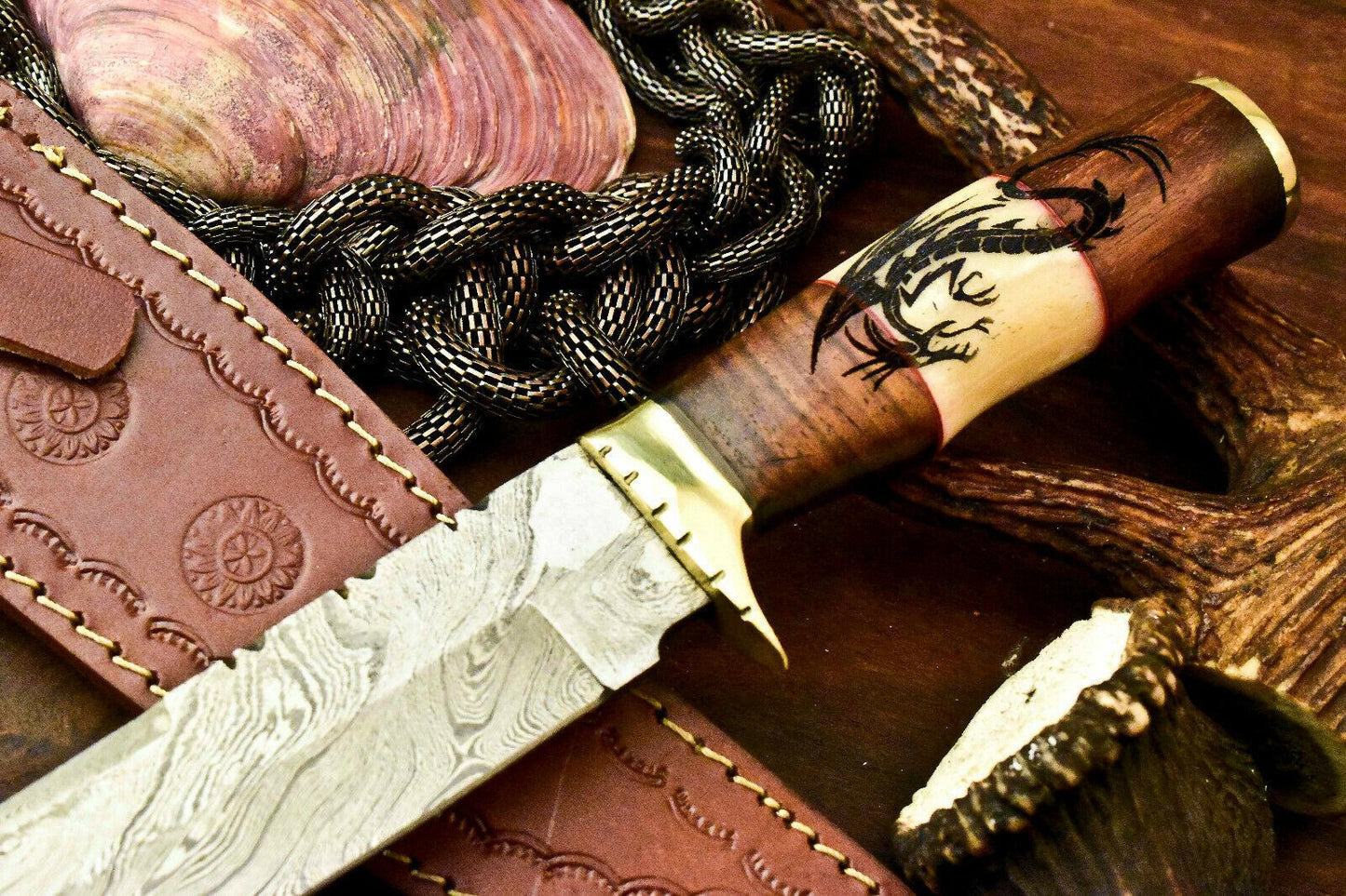 12" Damascus Bowie Knife | Hand-Forged Laser Etched Blade & Camel Bone Handle