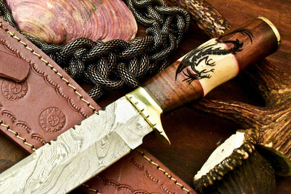 12" Damascus Bowie Knife | Hand-Forged Laser Etched Blade & Camel Bone Handle