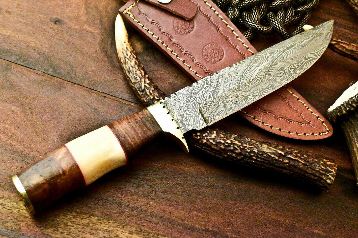 12" Damascus Bowie Knife | Hand-Forged Laser Etched Blade & Camel Bone Handle