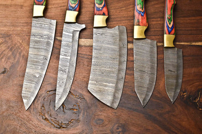 Custom Lot of 5 Handmade Hammered Damascus Steel Blade Chef Set – 384-Layer Full Tang Kitchen Knives