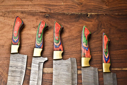 Custom Lot of 5 Handmade Hammered Damascus Steel Blade Chef Set – 384-Layer Full Tang Kitchen Knives