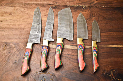 Custom Lot of 5 Handmade Hammered Damascus Steel Blade Chef Set – 384-Layer Full Tang Kitchen Knives