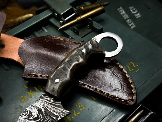 Heritage Forge Handmade Damascus Karambit Hunting Knife with Ram Horn Handle and Leather Sheath