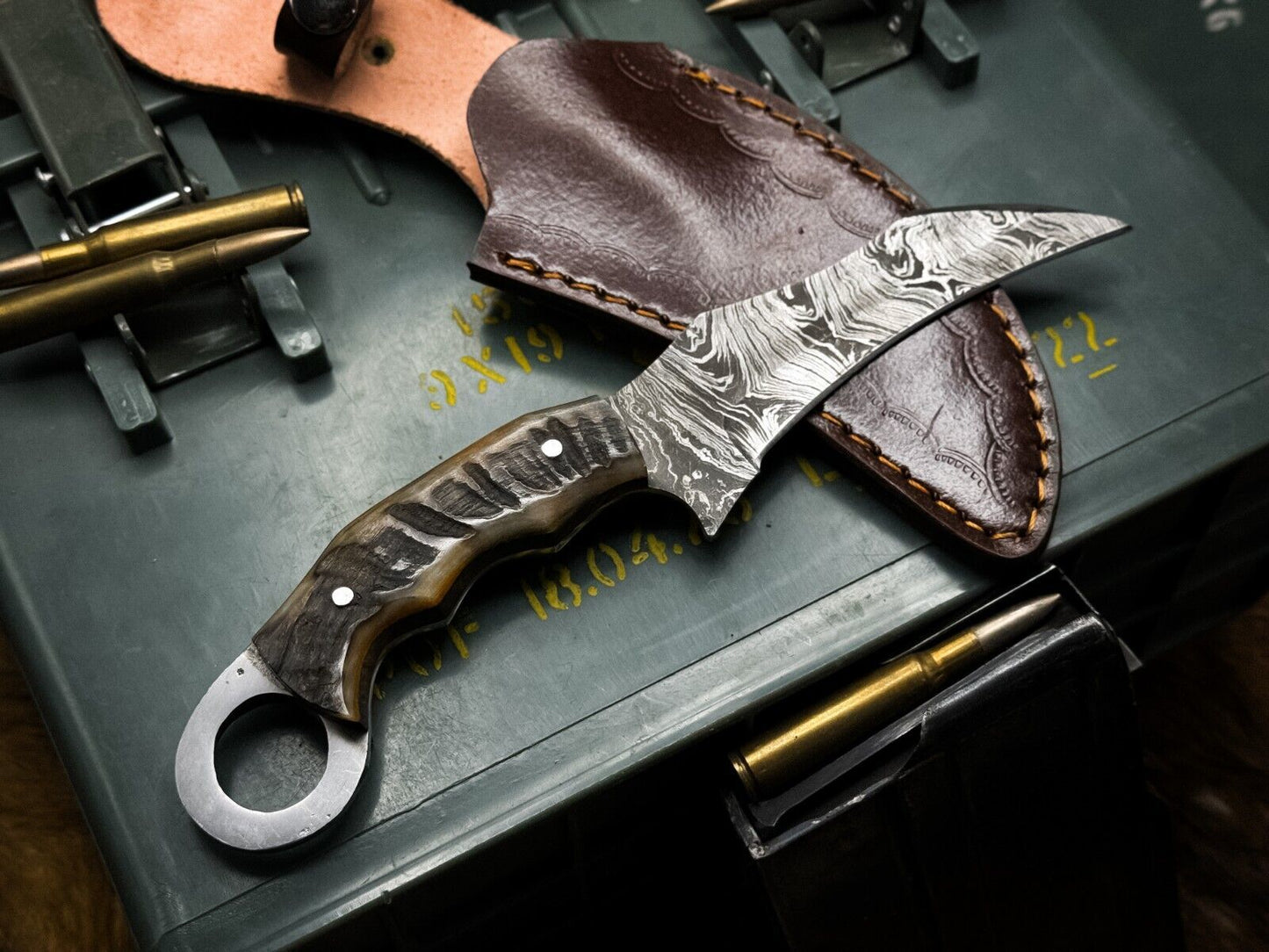 Heritage Forge Handmade Damascus Karambit Hunting Knife with Ram Horn Handle and Leather Sheath