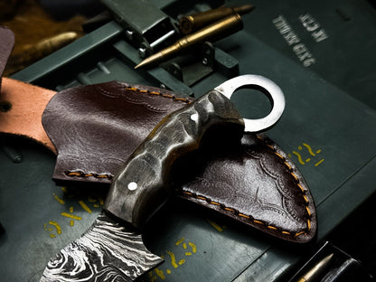 Handmade Damascus Karambit Knife Best Karambit Hunting Knife with Ram Horn Handle