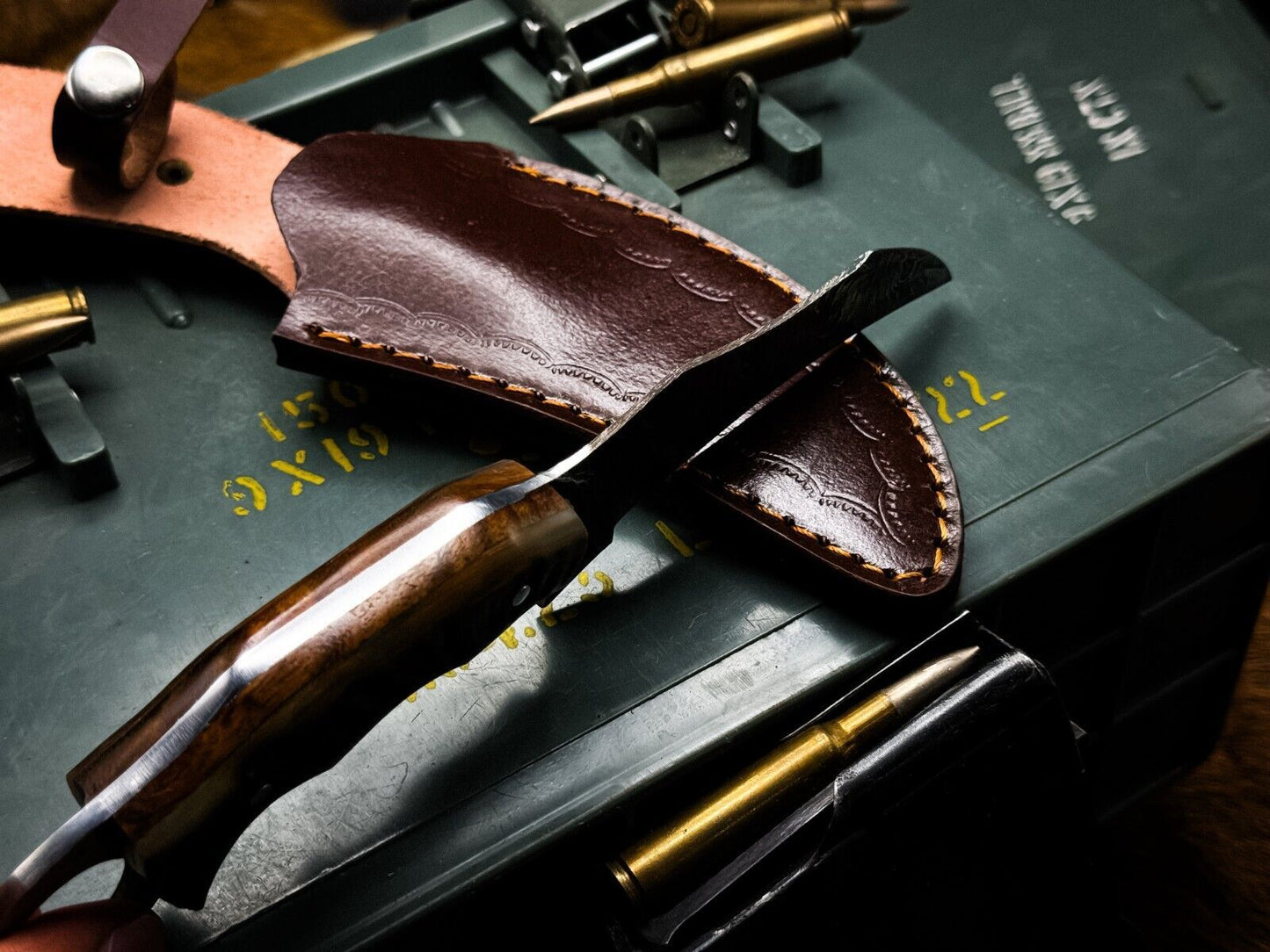 Heritage Forge Handmade Damascus Karambit Hunting Knife with Ram Horn Handle and Leather Sheath